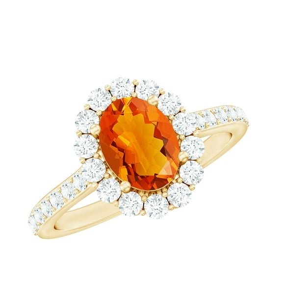 Rosec Jewels Real Fire Opal Oval Engagement Ring with Halo (6X8mm, AAA Grade) - Opal Statement Ring for Women - with Jewelry Box, 18K Yellow Gold, US 7.50