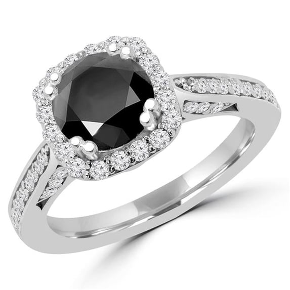 2.25 CTW Round Black Diamond Halo Engagement Ring in 18k White Gold - Size 3.75