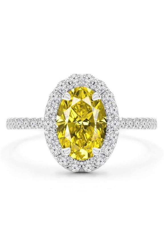 2.25 CTW Round Yellow Diamond Open Bridge Oval Halo Engagement Ring in 14K White Gold - Size 9