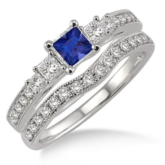 2.25 Carat 6mm Princess Blue Sapphire And Moissanite Diamond Engagement Ring Antique Bridal set Halo Ring on 10k White Gold
