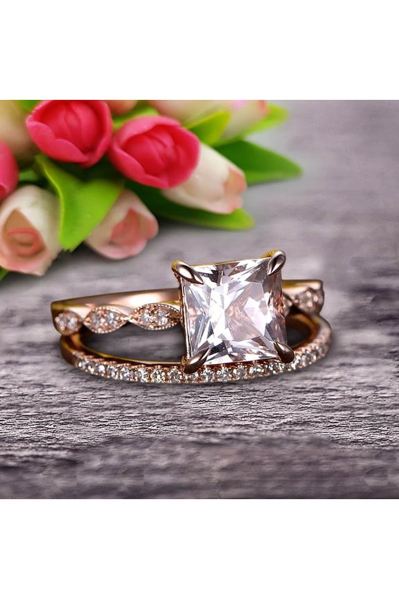 2.25 Carat 6mm Princess Cut Morganite 10k Rose Gold Wedding Set Engagement Ring Art Deco Stacking Matching Wedding Band