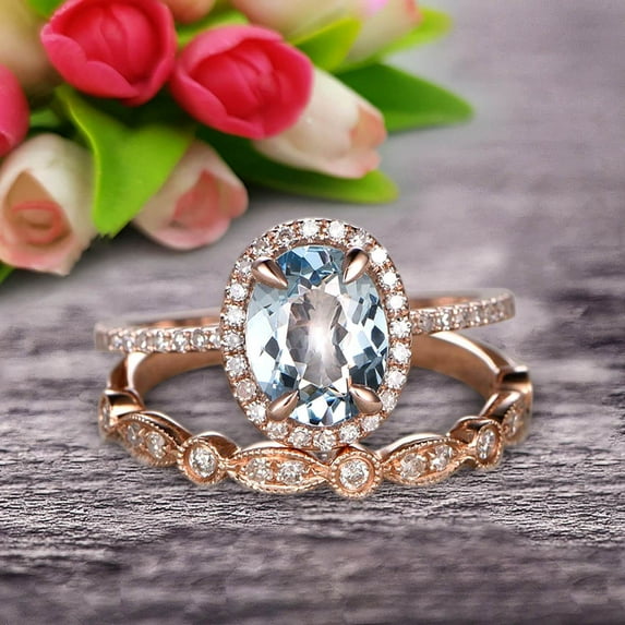 2.25 Carat 6mm Round Cut Aquamarine Bridal Ring Set With Matching Wedding Band On 10k Rose Gold Art Deco