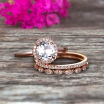 2.25 Carat 6mm Round Cut Aquamarine Wedding Ring Set Diamond Matching Band 10k Rose Gold Anniversary Gift Art Deco Trio Set