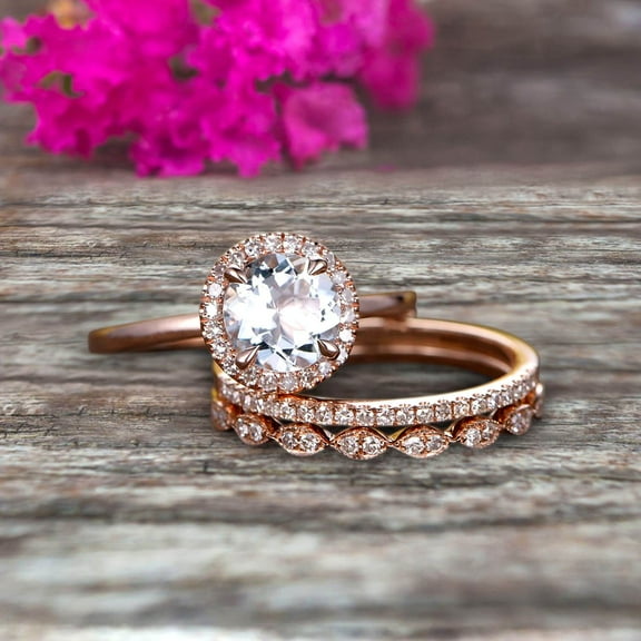 2.25 Carat 6mm Round Cut Aquamarine Wedding Ring Set Diamond Matching Band 10k Rose Gold Anniversary Gift Art Deco Trio Set