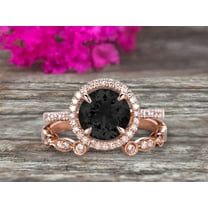 2.25 Carat 6mm Round Cut Black Diamond Moissanite 10k Rose Gold Wedding Set Half Eternity Ring Art Deco Stacking Band Engagement Ring Anniversary Gift Halo Milgrain