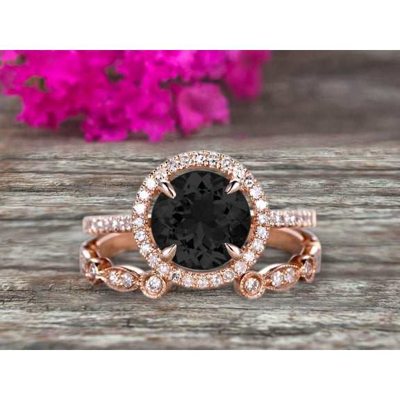 2.25 Carat 6mm Round Cut Black Diamond Moissanite 10k Rose Gold Wedding Set Half Eternity Ring Art Deco Stacking Band Engagement Ring Anniversary Gift Halo Milgrain