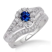 2.25 Carat 6mm Round Cut Blue Sapphire And Moissanite Diamond Wedding Ring Antique Floral Bridal Set On 10K White Gold, Promise Ring, Anniversary Ring