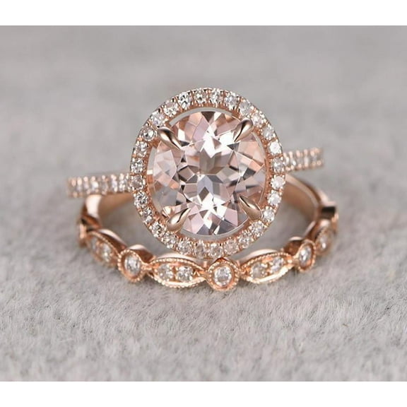 2.25 Carat 6mm Round Cut Morganite Bridal Set with Diamond Moissanites Halo Style in Rose Gold