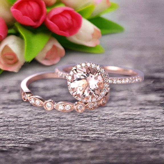 2.25 Carat 6mm Round Cut Morganite Wedding Set Bridal Ring 10K Rose Gold With Art Deco Eternity Matching Band Stacking Ring Halo, Gift For Her, Promise Ring, Anniversary Ring