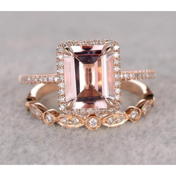 2.25 Carat 7x5mm Emerald Cut Morganite Bridal Set with Diamond Moissanites Perfect Halo Bridal Set on Sale with 18k Gold Plating