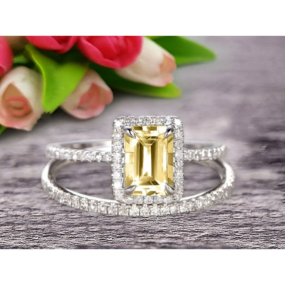 2.25 Carat 7x5mm Emerald Cut Wedding Set Champagne Diamond Moissanite Engagement Ring With Matching Band On 10k White Gold