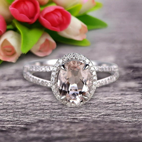 2.25 Carat 8x6mm Oval Cut Morganite Engagement Ring Wedding Ring On 10k White Gold Split Shank Stacking Band Shining Startling Ring Anniversary Gift