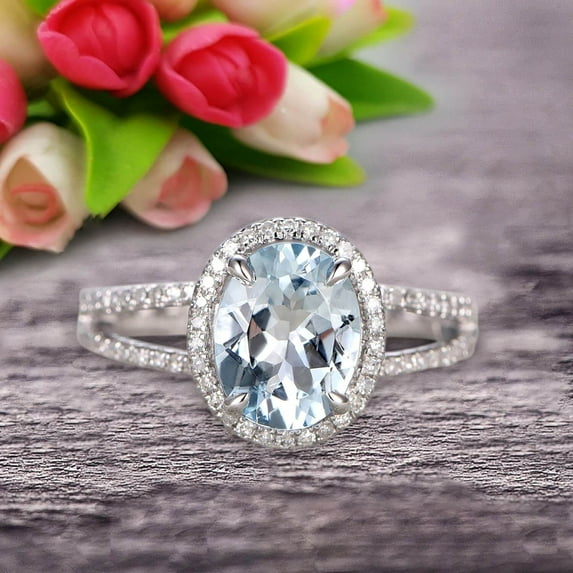 2.25 Carat 8x6mm Oval Shape Blue Gemstone With Split Shank Halo Design Aquamarine Engagement Ring Wedding Ring Anniversary Gift On 10k White Gold