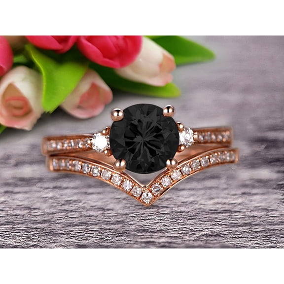 2.25 Carat Black Diamond Moissanite Engagement Ring 10k Rose Gold Wedding Set Anniversary Ring Promise Ring Surprisingly Gift for her Curved V-Shape Matching Wedding Band
