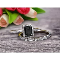 2.25 Carat Classic Emerald Cut 10k White Gold Art Deco Milgrain Bridal Black Diamond Moissanite Wedding Moissanite Diamond Ring Set