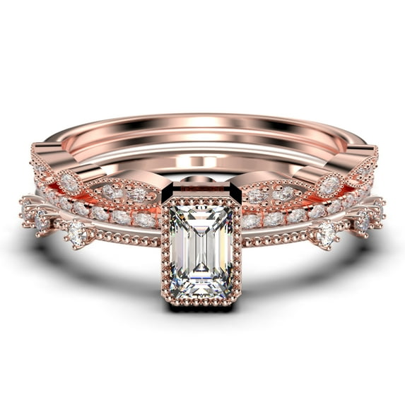 2.25 Carat Emerald Cut Diamond Moissanite Thin Engagement Ring, Slim Wedding Ring in 925 Sterling Silver With 18k Rose Gold Plating Trio Rings Set, Promise Ring, Anniversary Ring