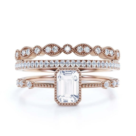 2.25 Carat Emerald Cut Diamond Moissanite Thin Engagement Ring, Slim Wedding Ring In 925 Sterling Silver With 18K Rose Gold Plating Gift For Her, Trio Rings Set, Promise Ring, Anniversary Ring