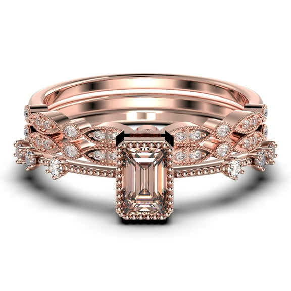 2.25 Carat Emerald Cut Morganite And Diamond Moissanite Thin Engagement Ring, Slim Wedding Ring in 925 Sterling Silver With 18k Rose Gold Plating Trio Rings Set, Promise Ring, Anniversary Ring
