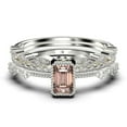 thumbnail image 1 of 2.25 Carat Emerald Cut Morganite And Diamond Moissanite Thin Engagement Ring, Slim Wedding Ring in 925 Sterling Silver With 18k White Gold Plating Trio Rings Set, Promise Ring, Anniversary Ring, 1 of 4
