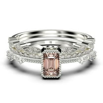 2.25 Carat Emerald Cut Morganite And Diamond Moissanite Thin Engagement Ring, Slim Wedding Ring in 925 Sterling Silver With 18k White Gold Plating Trio Rings Set, Promise Ring, Anniversary Ring