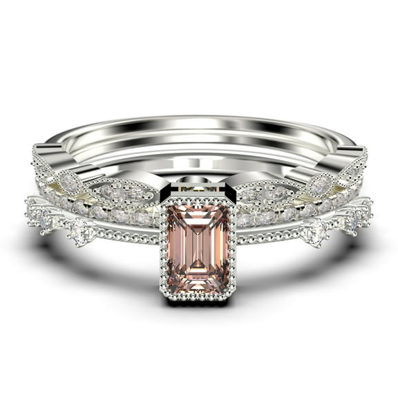 2.25 Carat Emerald Cut Morganite And Diamond Moissanite Thin Engagement Ring, Slim Wedding Ring in 925 Sterling Silver With 18k White Gold Plating Trio Rings Set, Promise Ring, Anniversary Ring