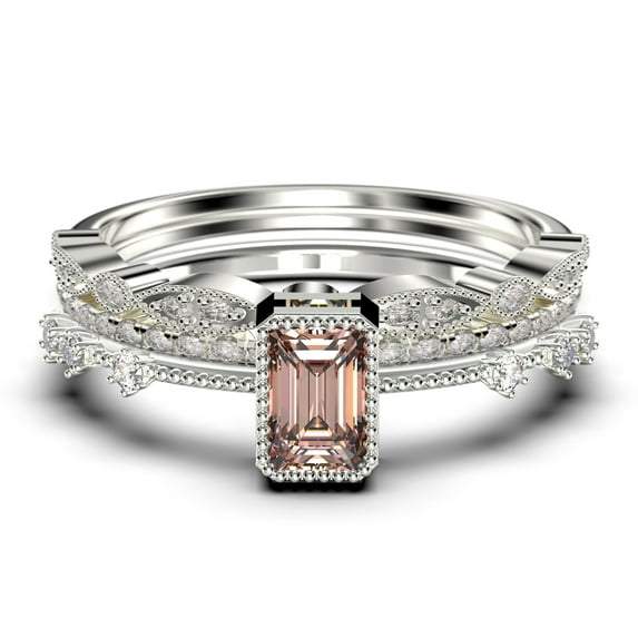 2.25 Carat Emerald Cut Morganite And Diamond Moissanite Thin Engagement Ring, Slim Wedding Ring in 925 Sterling Silver With 18k White Gold Plating Trio Rings Set, Promise Ring, Anniversary Ring
