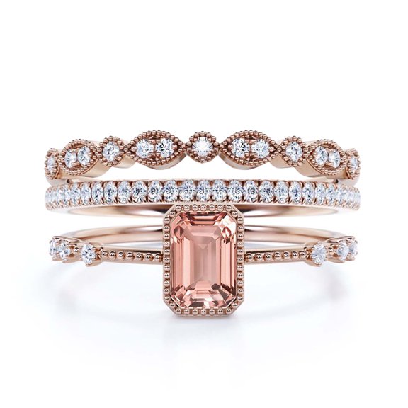 Trio 2.25 Carat Emerald Cut Morganite & Moissanite Bridal Set in 925 Sterling Silver with 18k Rose Gold Plating