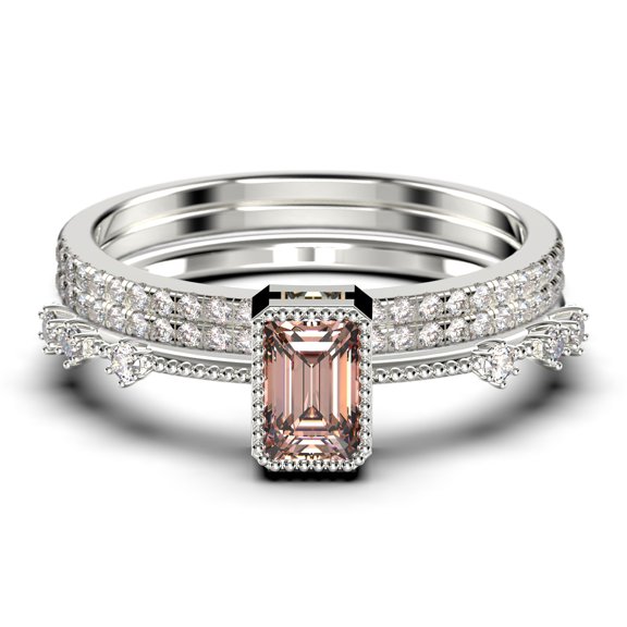 Trio 2.25 Carat Emerald Cut Morganite & Moissanite Ring in 925 Sterling Silver with 18k White Gold Plating