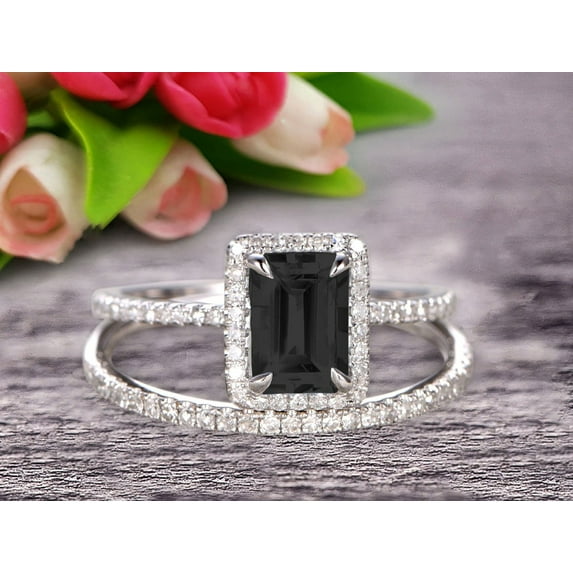 2.25 Carat Emerald Cut Wedding Set Black Diamond Moissanite Engagement Ring With Matching Band On 10k White Gold
