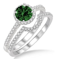 2.25 Carat Green Emerald 6mm Round Cut Halo Bridal Set Moissanite Diamond Engagement Ring on 10k White Gold