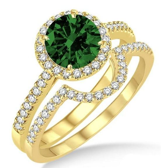 2.25 Carat Green Emerald 6mm Round Cut Halo Bridal Set Moissanite Diamond Engagement Ring on 10k Yellow Gold