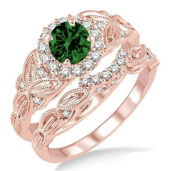 2.25 Carat Green Emerald 6mm Round Cut Vintage Floral Bridal Set Moissanite Diamond Engagement Ring on 10k Rose Gold