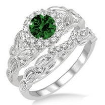 2.25 Carat Green Emerald 6mm Round Cut Vintage Floral Bridal Set Moissanite Diamond Engagement Ring on 10k White Gold