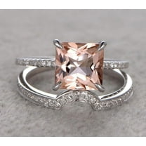 2.25 Carat Peach Pink Morganite (6mm Princess Cut Morganite) Diamond Moissanite Engagement Ring Wedding Bridal Set in 10k White Gold
