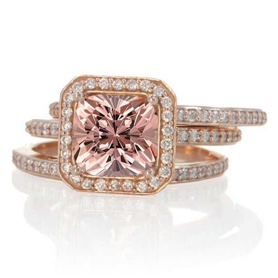 2.25 Carat Perfect Princess cut Morganite and Diamond Trio Halo Wedding Ring Set on 10k White Gold