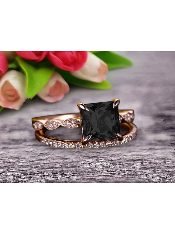 2.25 Carat Princess Cut Black Diamond Moissanite 10k Rose Gold Wedding Set Engagement Ring Art Deco Stacking Matching Wedding Band