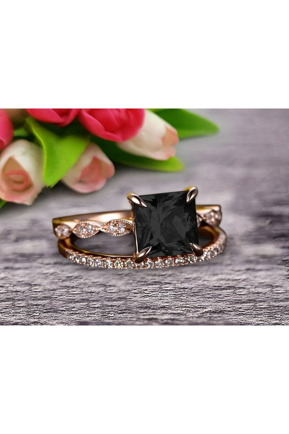 2.25 Carat Princess Cut Black Diamond Moissanite 10k Rose Gold Wedding Set Engagement Ring Art Deco Stacking Matching Wedding Band