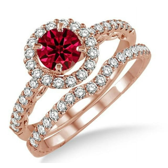 2.25 Carat Red Ruby 6mm Round Cut Diamond Moissanite Antique Floral Halo Bridal set on 10k Rose Gold