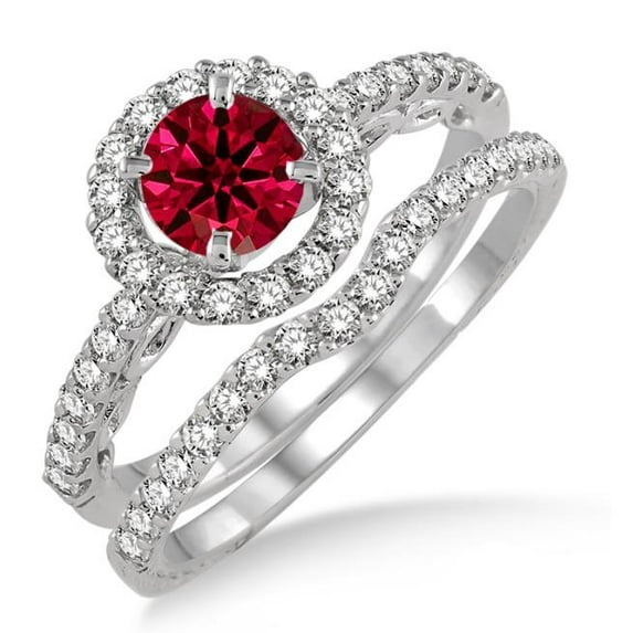 2.25 Carat Red Ruby 6mm Round Cut Diamond Moissanite Antique Floral Halo Bridal set on 10k White Gold