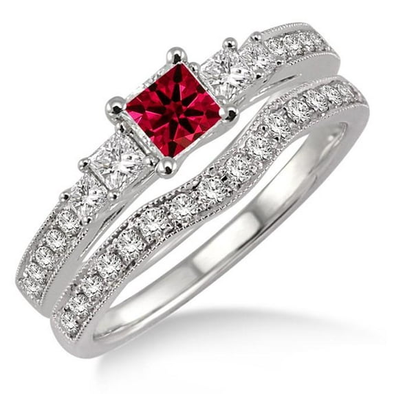 2.25 Carat Red Ruby Princess Cut With Moissanite Diamond Antique Bridal set Halo Ring on 10k White Gold