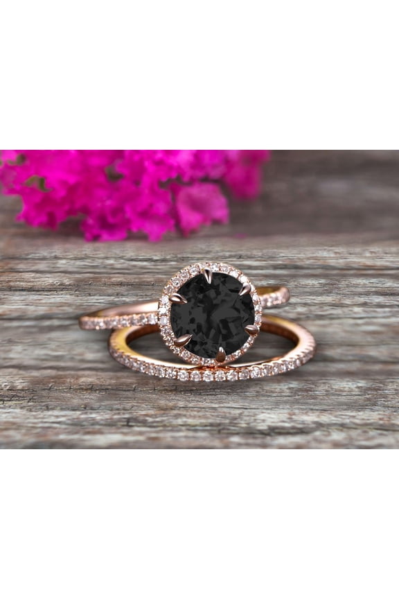 2.25 Carat Round Black Diamond Moissanite Bridal Set 10k Rose Gold Engagement Ring Halo Stacking Matching Band Promise Ring Anniversary Ring Surprisingly Ring