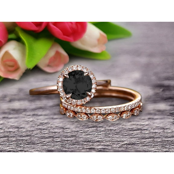 2.25 Carat Round Cut Black Diamond Moissanite Wedding Ring Set Diamond Matching Band 10k Rose Gold Anniversary Gift Art Deco Trio Set