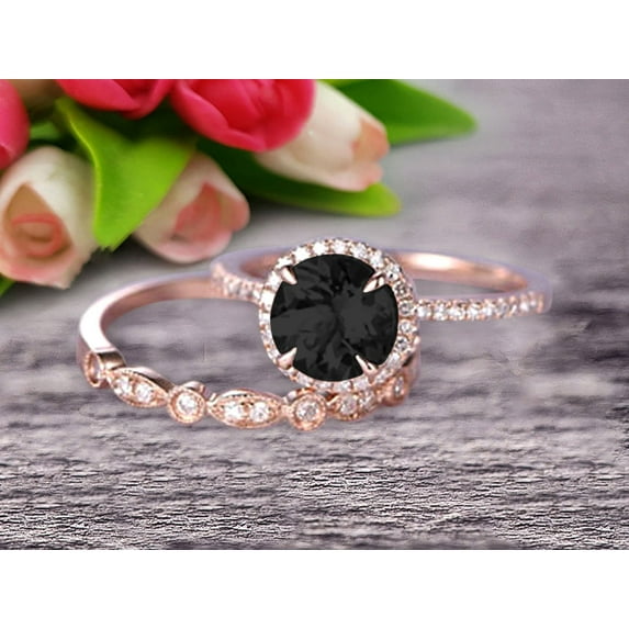 2.25 Carat Round Cut Black Diamond Moissanite Wedding Set Bridal Ring 10K Rose Gold With Art Deco Eternity Matching Band Stacking Ring Halo, Promise Ring, Anniversary Gift