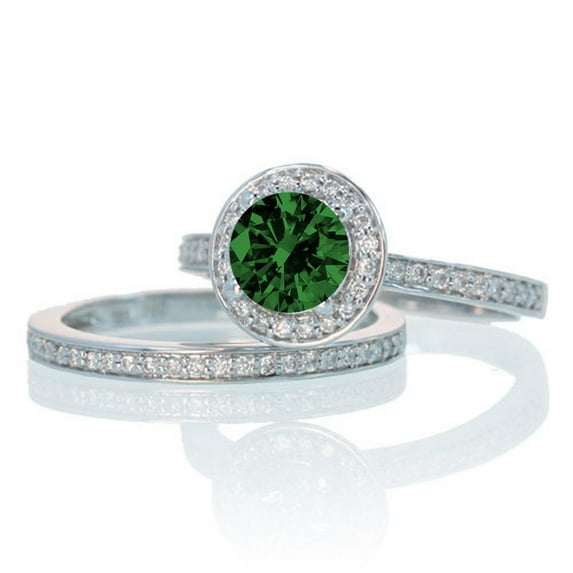 2.25 Carat Unique Classic Halo 6mm Round Cut And Moissanite Diamond Bridal Ring Set on 10k White Gold