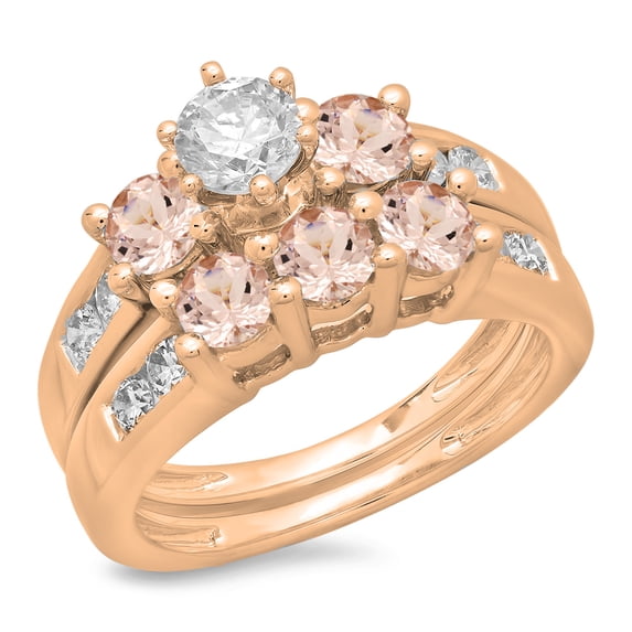2.25 Carat (ctw) 10K Rose Gold Round Cut Morganite & White Diamond Ladies Bridal 3 Stone Engagement Ring With Matching B