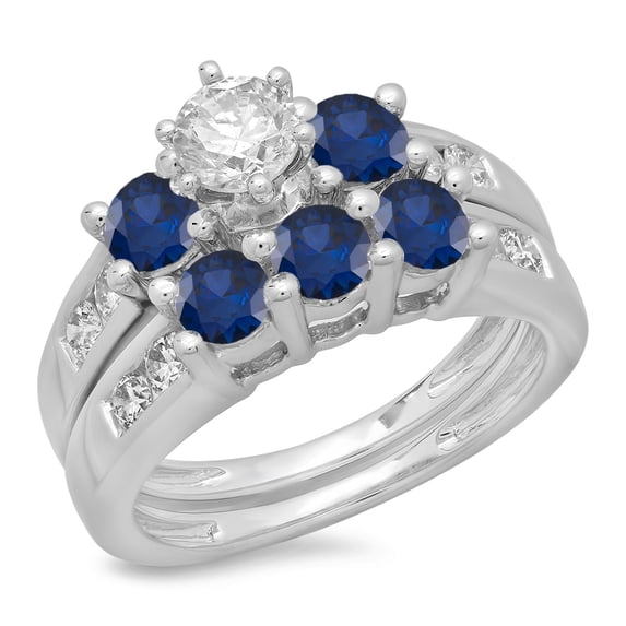 2.25 Carat (ctw) 10K White Gold Round Cut Blue Sapphire & White Diamond Ladies Bridal 3 Stone Engagement Ring With Match
