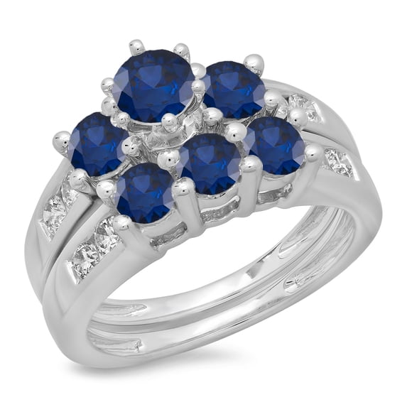 2.25 Carat (ctw) 18K White Gold Round Cut Blue Sapphire & White Diamond Ladies Bridal 3 Stone Engagement Ring With Match