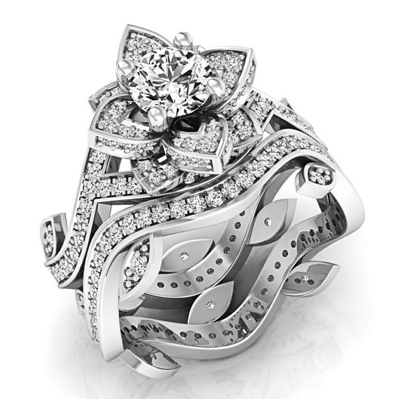 2.25 Carat (ctw) 18K White Gold Round White Cubic Zirconia Ladies Bridal Fashion Vintage Style Engagement Ring With Matc