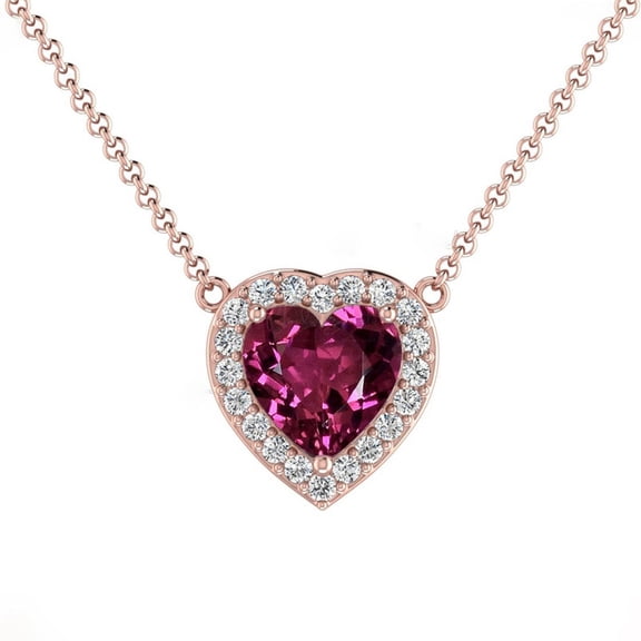 2.25 Ct Heart Shaped Beautiful Garnet Gemstone and Real Diamond Halo Necklace for Engagement Gift in Solid 14K Rose Gold With 18 inches Chain