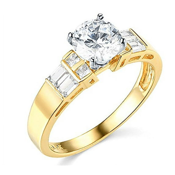 2.25 Ct Round Baguette Princess Cut Real 14K Yellow Gold Engagement Wedding Ring